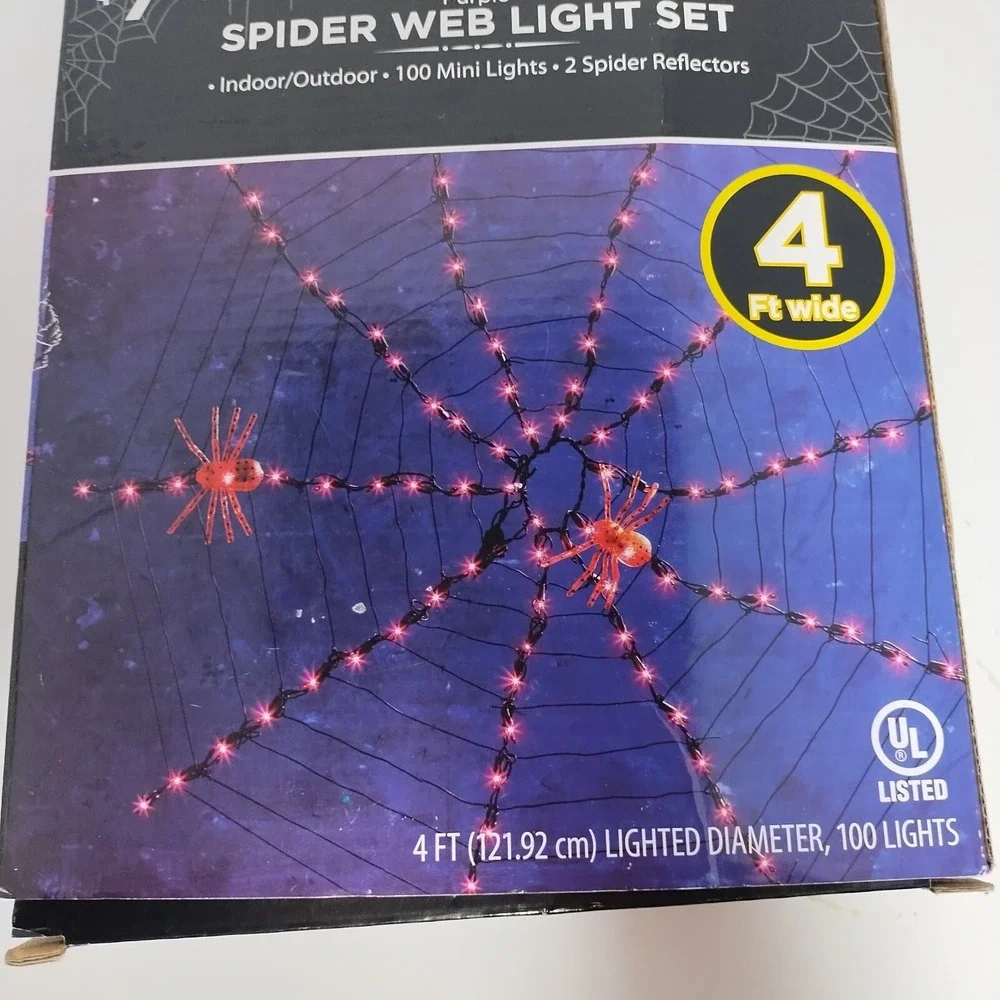 100 Ct Spider Web Shape Purple Light Set 2 Spider Reflectors Halloween Decor
